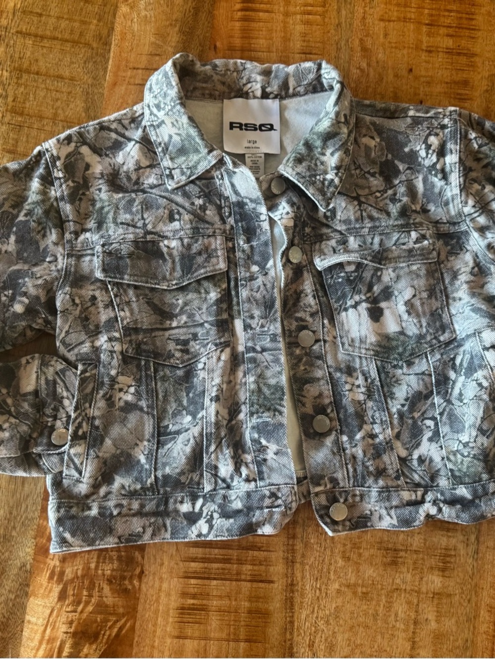 RSQ Floral Acid-Wash Denim Jacket in Gray and White